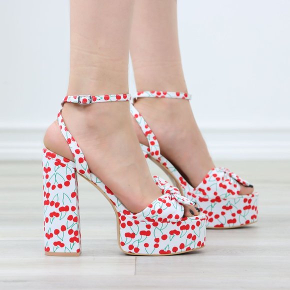 Rockabilly Cherry Print Platform High Heels Bow Strap - Picture 5 of 12